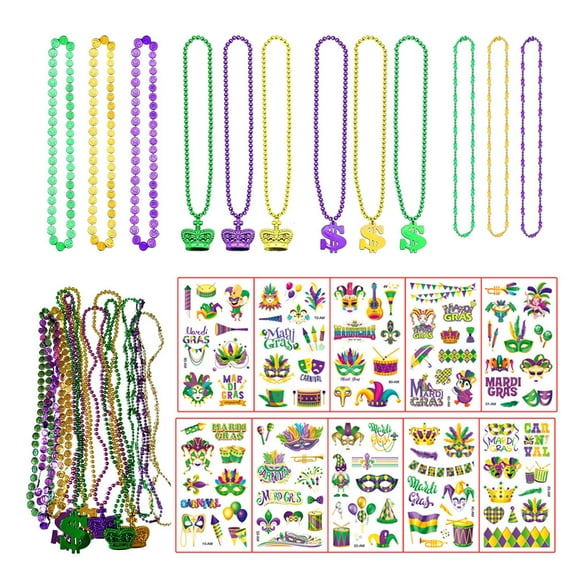 Mardi Gras Necklaces Beads,Gold Purple Green Mardi Gras Tattoo StickerBeads Necklaces,Tattoo Stickers for Mardi Gras Carnival Party Decorations Party Accessories Party Favors Supplies