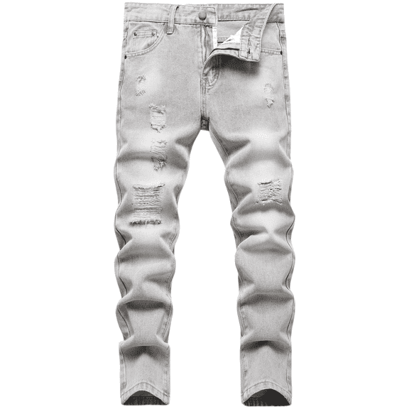 Boy's Skinny Ripped Jeans Slim Fit Destroyed Distressed Fashion Denim Jeans Pants Grey 16