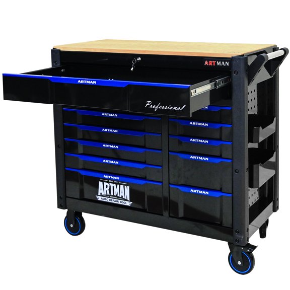 12-Drawer Rolling Tool Cart with Locking Drawers & Wood Top, rolling workbench, Heavy-Duty Mobile Workbench with Locking Wheels & Ball Bearing Drawers, Garage Workshop Storage Cabinet