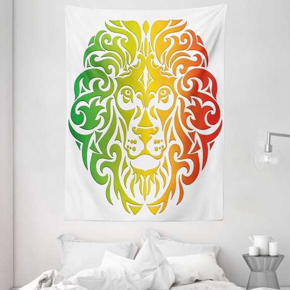 Rasta Tapestry, Lion Portrait in Vivid Colors Portrait Head King of Jungle Image, Wall Hanging for Bedroom Living Room Dorm Decor, 60W X 80L Inches, Fern Green Yellow Orange White, by Ambesonne