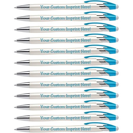 Expressdesigns - Custom Pens With Stylus - The Pearl - Personalized Metallic Printed Name Pens With Black Ink - Imprinted With Logo Or Message - Great Gift Ideas - 12 Pack (Aqua)