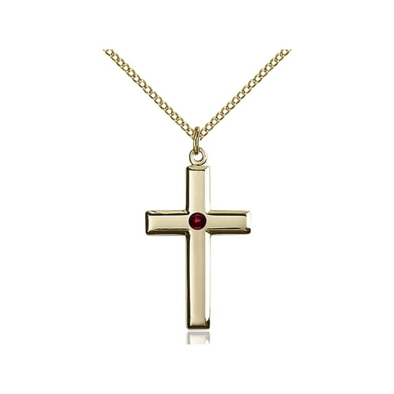 Gold Filled Cross Pendant with 3mm January Red Swarovski Crystal 1 1/8 x 5/8 inches with Gold Filled Lite Curb Chain