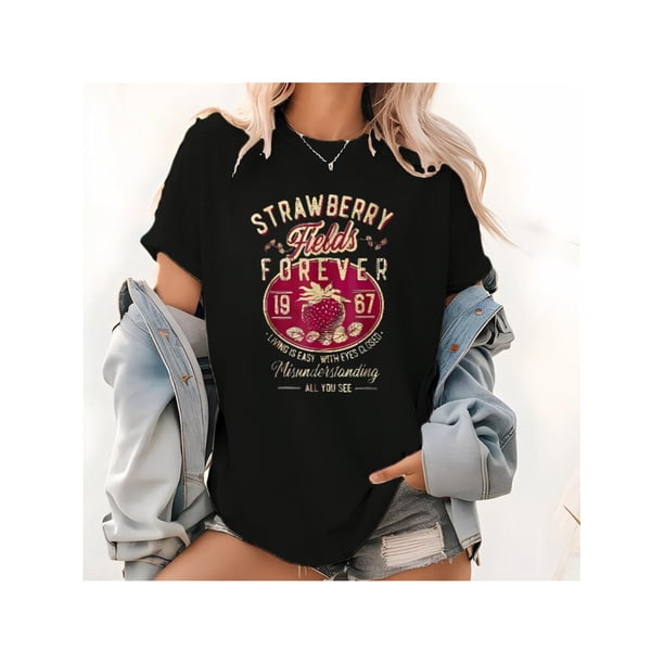 Women's Strawberry & Letter Print Round Neck Tee, 90s Graphic Tees, Vintage Trendy Casual Short Sleeve T-shirt for Daily Wear, Ladies All-match Streetwear Top