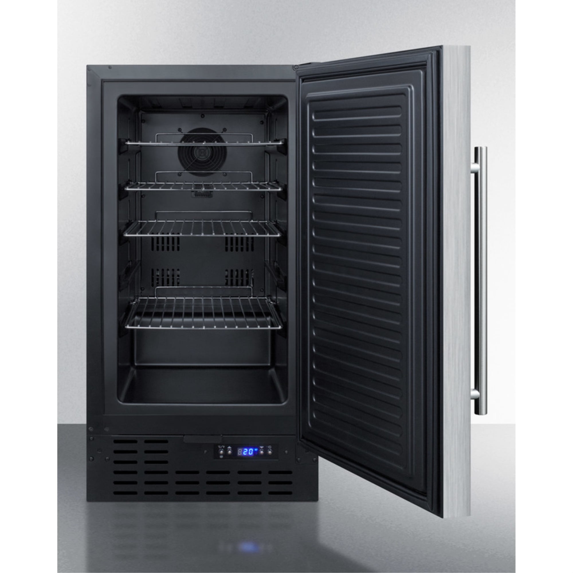 18 Inches wide built-in undercounter all-refrigerator with a stainless steel door, black cabinet, digital thermostat and front lock