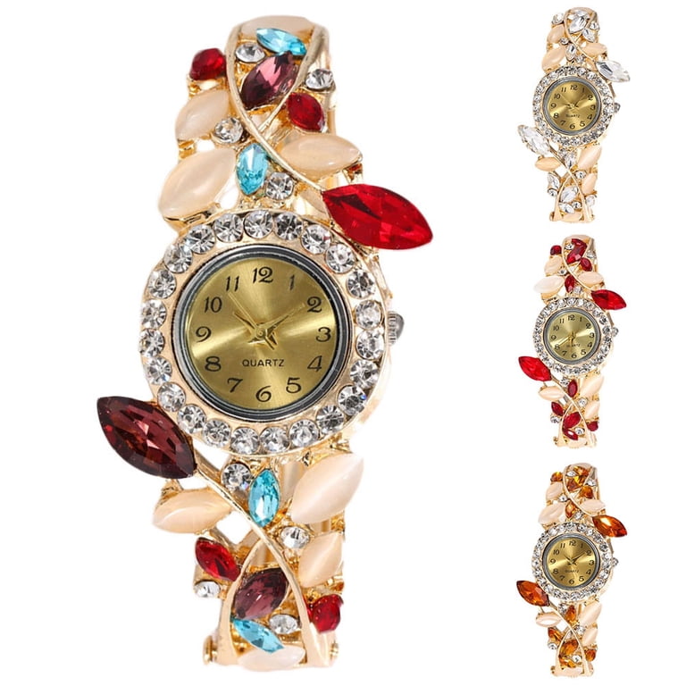 Deyuer Luxury Women Rhinestone Leaf Round Dial Analog Open  display picture 1