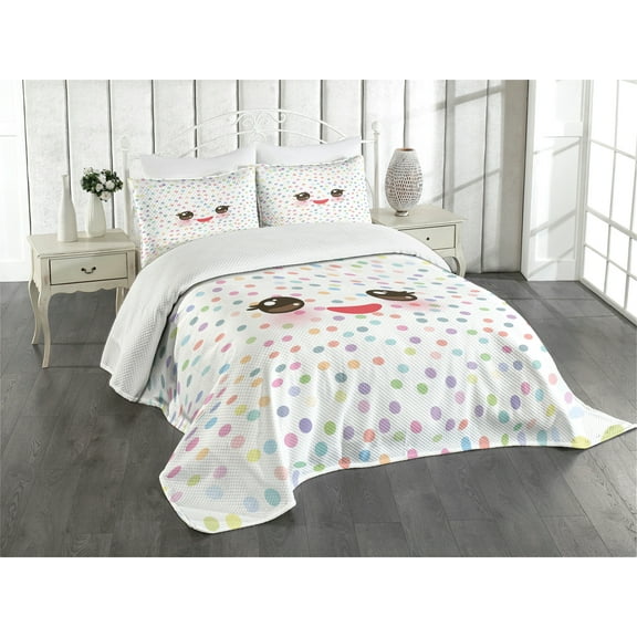 Ambesonne Eyelash Quilted Bedspread Set 3 Pcs, Kawaii Funny Muzzle, Queen Size, Multicolor