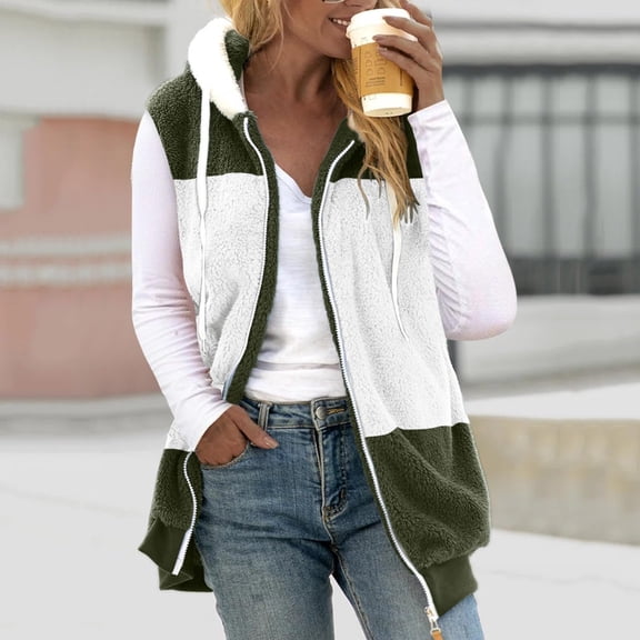 EGNMCR Winter Coats for Women Warm Lightweight Fleece Plush Zipper Hooded Jacket Comfy Color Block Patchwork Wool Coats with Pockets on Clearance