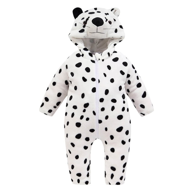 Baby Zipper Onesies Cute Animal Hooded Romper Playsuit Plush Fuzzy Infants One Piece Jumpsuit Outwear Boys Girls (12-18 Months, White Leopard)