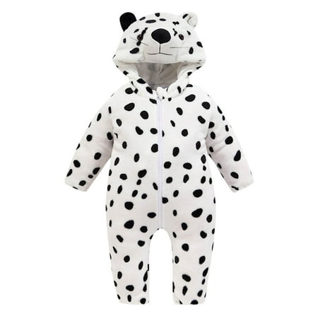 

Baby Zipper Onesies Cute Animal Hooded Romper Playsuit Plush Fuzzy Infants One Piece Jumpsuit Outwear Boys Girls (12-18 Months White Leopard)