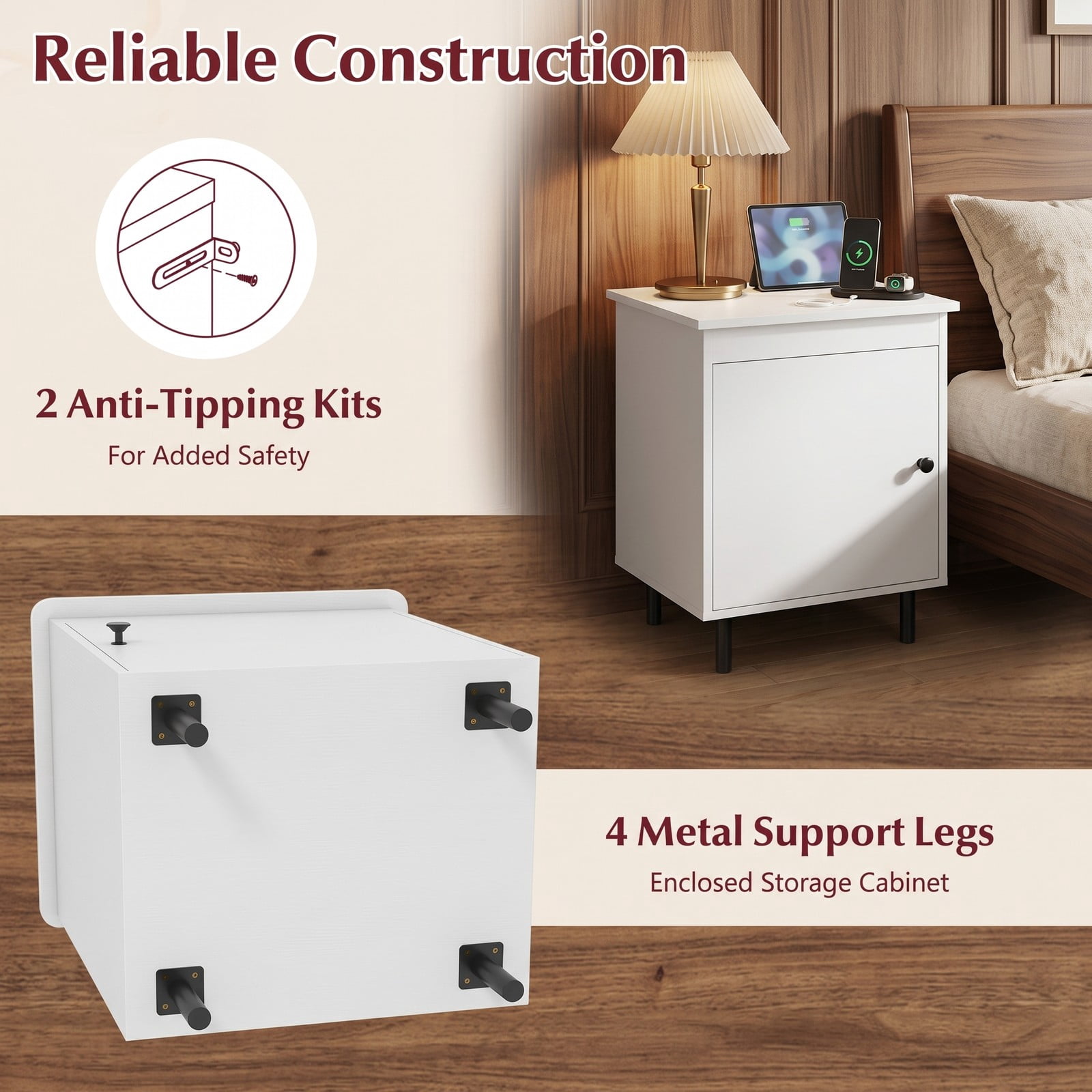 Furnibear Mid Century Nightstand Set of 2 with Enclosed Storage Cabinet and Open Top and Metal Legs for Bedroom and Living Room, White