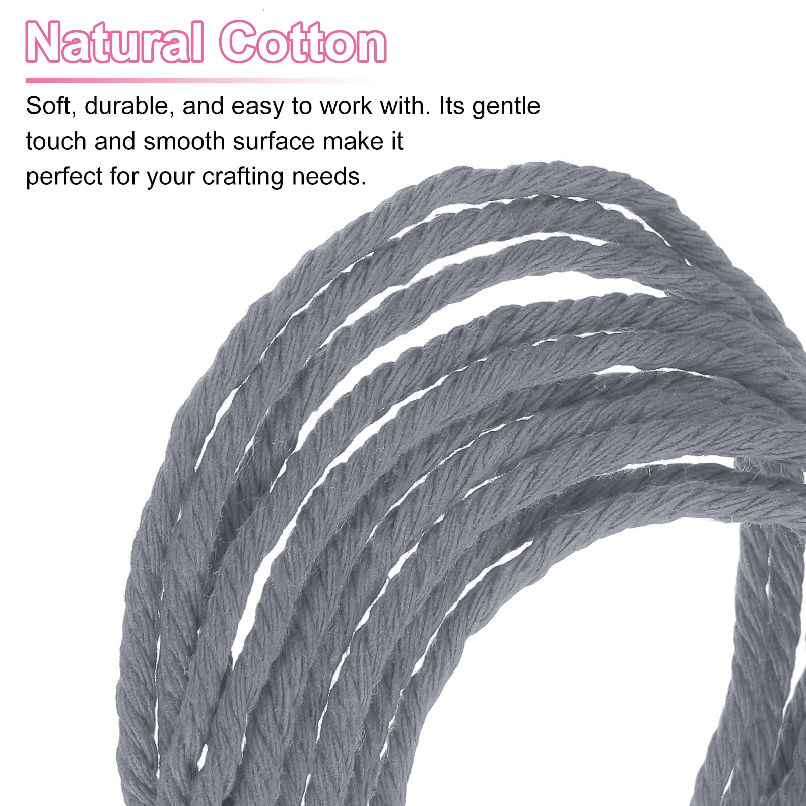 Uxcell Natural Macrame Cord 3mm x 328 Yards 4 Strand Twisted Cotton Macrame Rope for DIY Knitting Plant Wall Hanger Dreamcatcher, Deep Gray