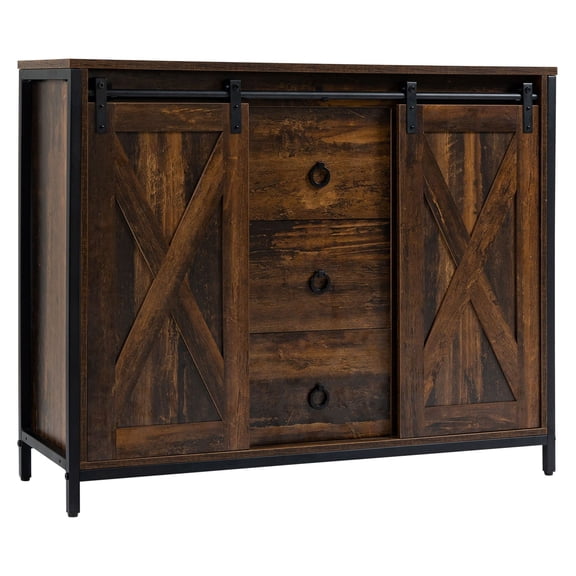 SAZYY Rustic Brown Buffet Kitchen Cabinet with Barn Doors, 3 Drawers & Adjustable Shelves, Sideboard for Living Room