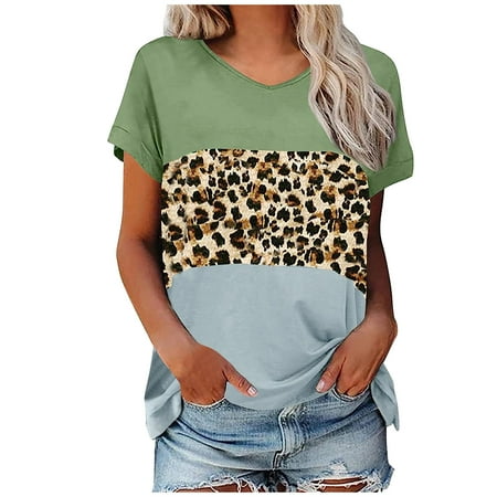 

RKZDSR Crew Neck Leopard Print Tops Bodycon Sexy Shirts Plus Size Relaxed Fit Blouses Discount Shirts Cotton Scrub Tops Tees Womens Short Sleeve Tshirts Green XXXL