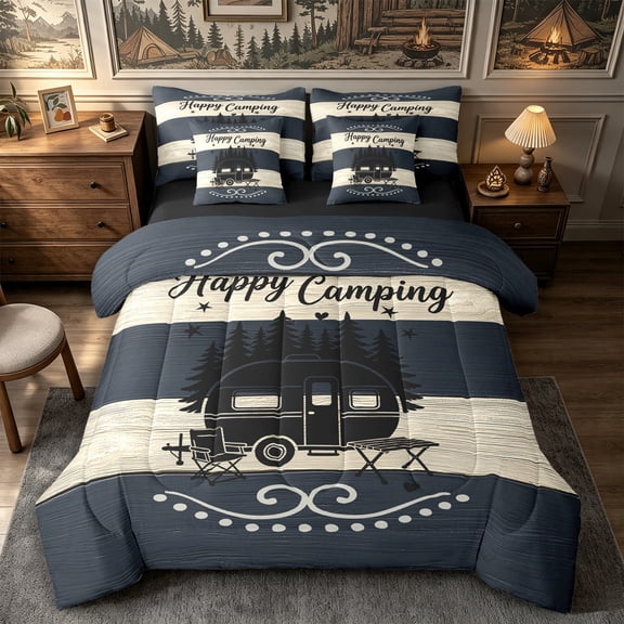 Manfei Cute RV Car 7-Piece Twin Bedding,Vintage Rustic Cabin Bedding Comforter Set,Navy Cream