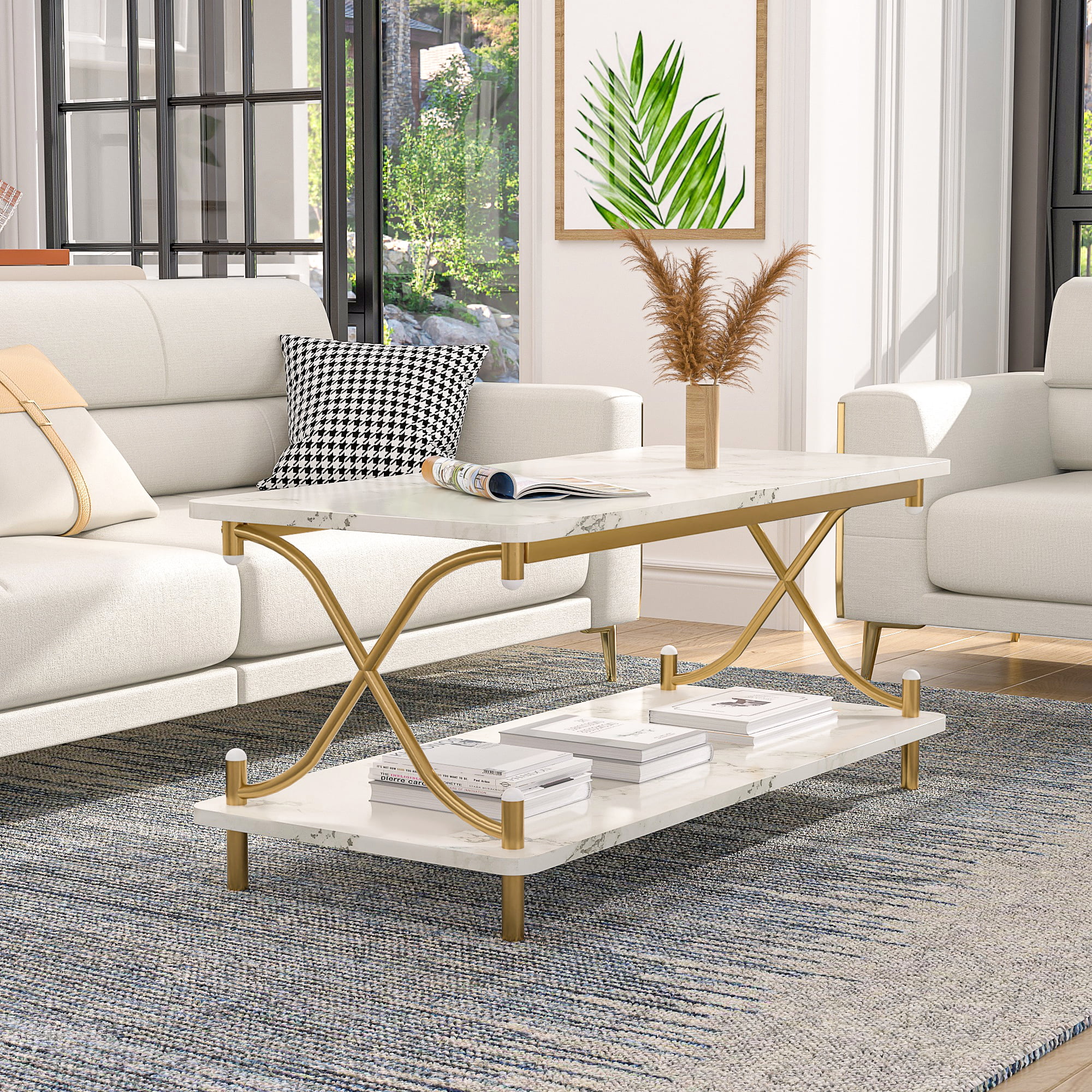 VECELO Rectangle Coffee Table with Storage Shelf, Modern X-Design Side Metal Frame for Living Room Office, White & Gold