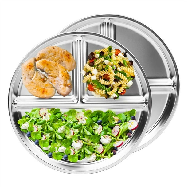 Platos de Acero Inoxidable para Niños, 2 Paquetes, de Control de Porciones de 9 Pulgadas, Platos Divididos para Adultos, Bariátrico, Pérdida de Peso, Diabético