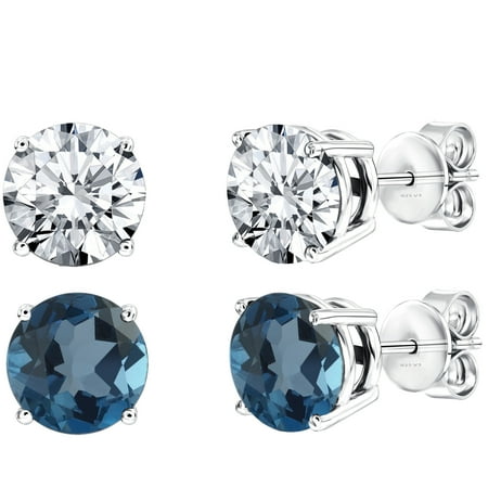 Sterling Silver Set Of Two Natural London Blue Topaz And White Stud Earrings