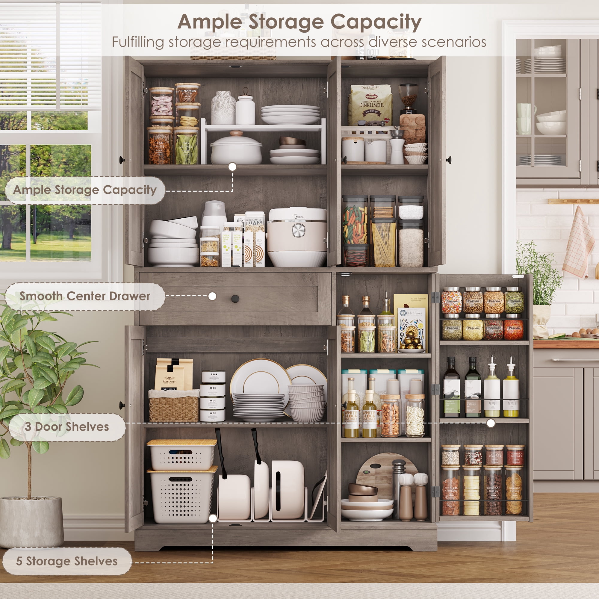 Homfa Kitchen Pantry Storage Cabinet, 68" Food Pantry Cabinet with Drawer and Door Shelf, 6 Door Freestanding Cupboard Buffet for Dining Room, Wash Gray