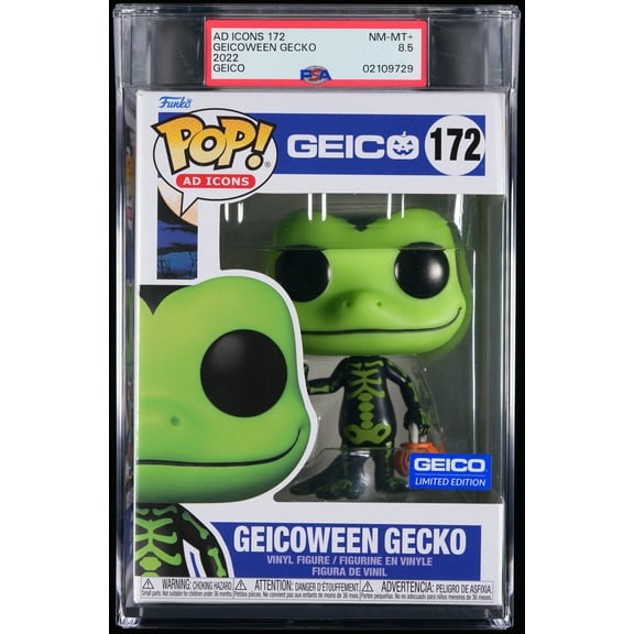 Geico, PSA Graded 8.5 NM-MT , Geicoween Gecko Collectible Vinyl Figure #172, Fully Encapsulated Bundle with Compatible Funko Pop! PSA Hard Protector Case