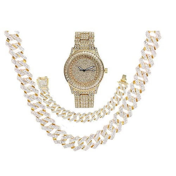 Gold Bling'ed Out Mens Watches on Blast w/Zig Zag Bling'ed Out Necklace & Bracelet Sets - New Cuban Z Links w/3 Row Diamonds on Each Side - ST102GSeries (ST10228 Gold w/Necklace-Bracelet)