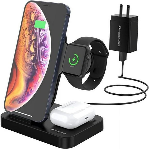 Techsmarter TS-TS9900 Fast Qi Wireless Charger & Dock, 3-in-1 Charging Station. Compatible iPhone 14, 13, 12, 11, XR, XS, X, 8, AirPods, Apple Watch