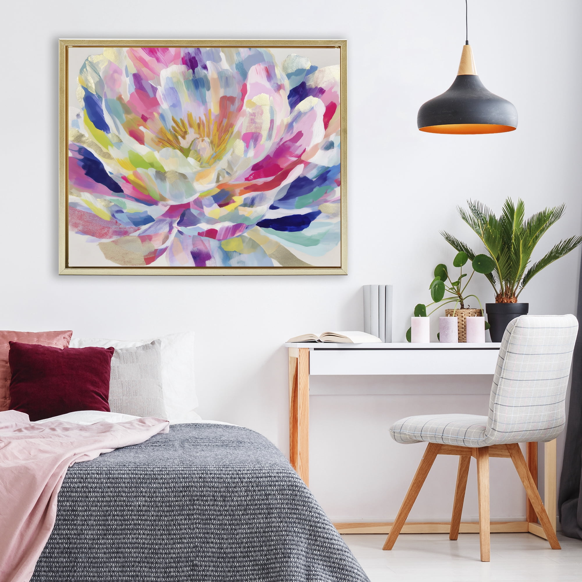 Stupell Industries Dahlia in Pink & Blue Gold Framed Floater Canvas Wall Art, design by Chromatic Storm Studio