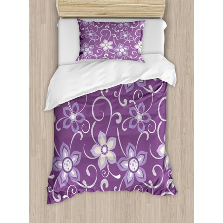 - Eggplant Twin Size Duvet Cover Set, Beautiful Lilacs with Leaves Sticking out of Them in Soothing Purple Background, Decorative 2 Piece Bedding Set with 1 Pillow Sham, Purple White, by Ambesonne