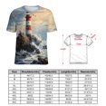 thumbnail image 2 of Lighthouse Sunrise Coast Scenery Pale Blue Tan Women's Short Sleeve Tops Casual Blouses T Shirt, 2 of 6