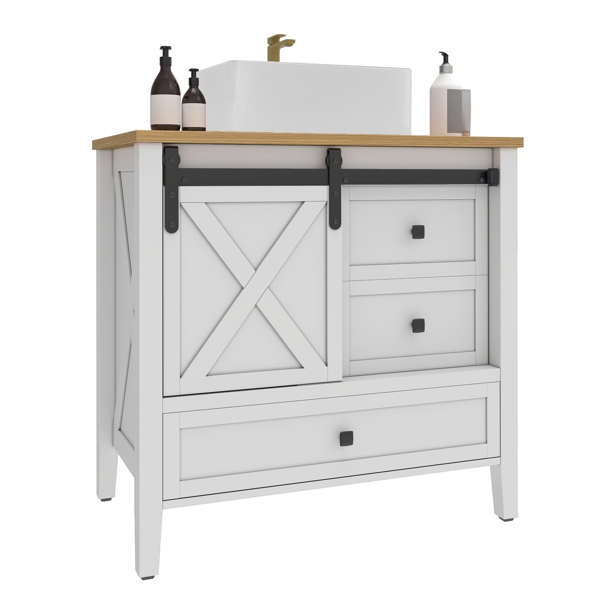 Uforic 36 Inch Bathroom Vanity with Ceramic Sink Basin, Farmhouse Style, Sliding Barn Door Cabinet & 3 Drawers, Freestanding Storage Vanity for Bathroom/Apartment, White