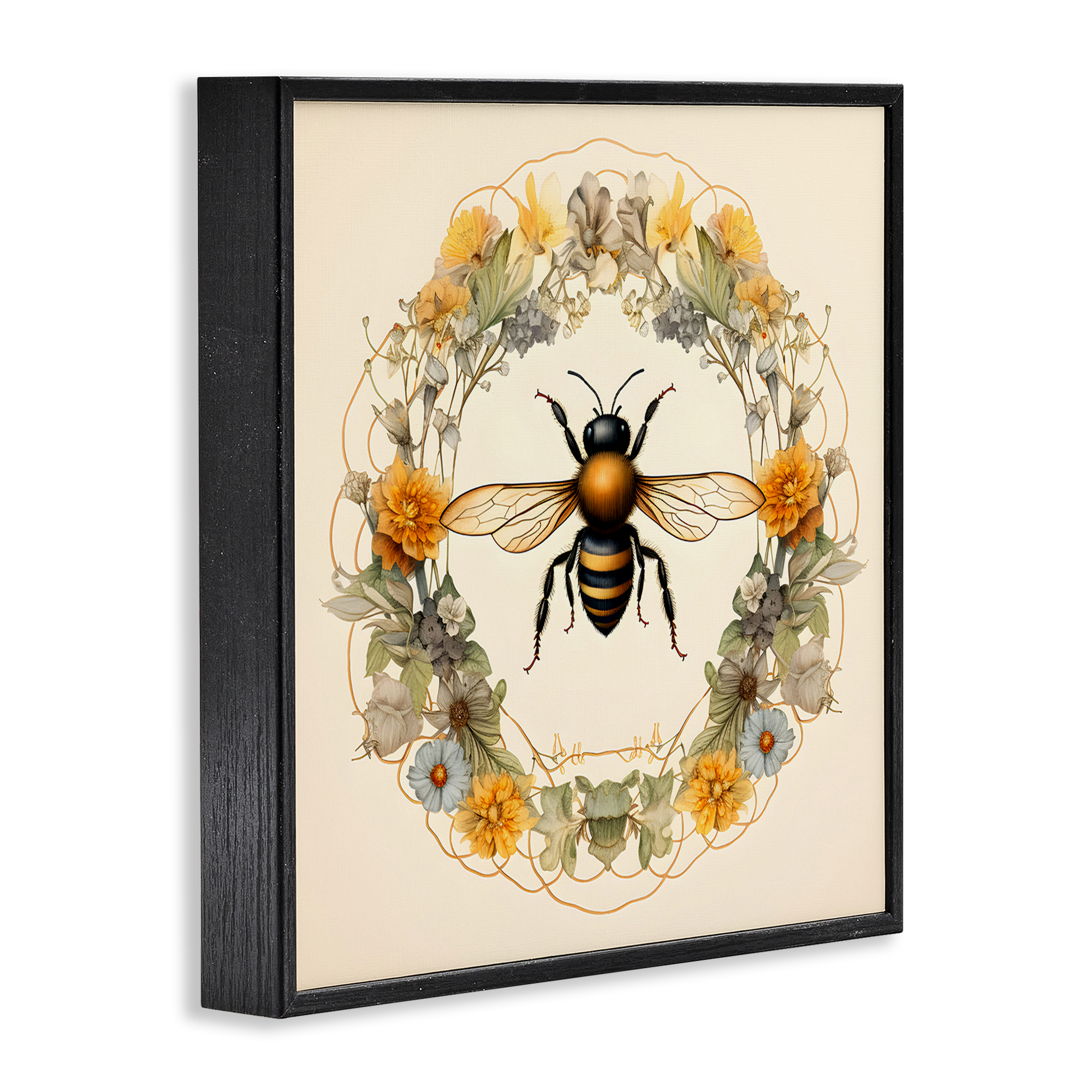 Stupell Industries Cottage Bee Wreath Animals & Insects Painting Black Framed Art Print Wall Art, 12 x 12