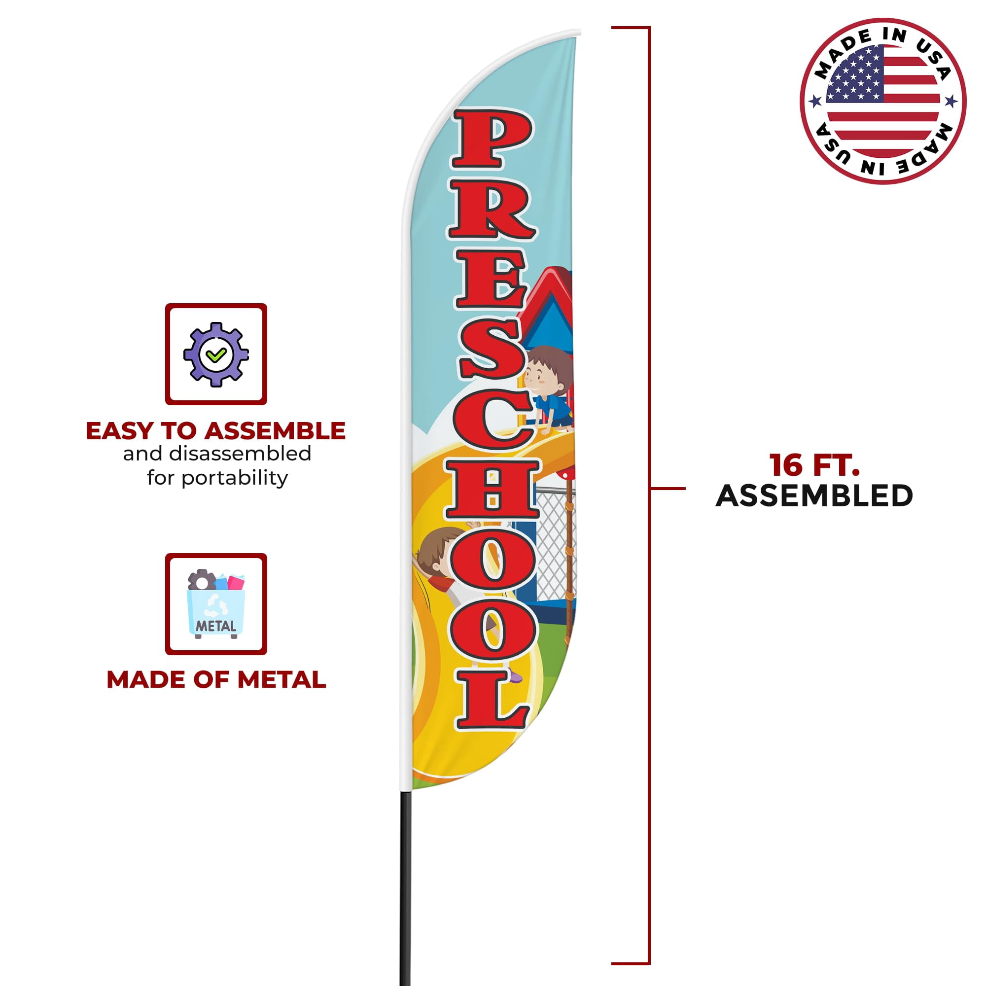 Preschool Sign feather flag Pole Mount for Outdoor by Mavis Print | 15 FEET Long Outdoor Banner Flag Mount for Easy Hang | HD Print Swooper Flag Stand forPreschool Advertising | Made in USA