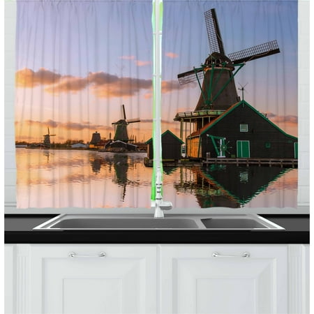 Windmill Curtains 2 Panels Set, Traditional Village with Canal Waterfront Dutch Architecture with Scenic View, Window Drapes for Living Room Bedroom, 55W X 39L Inches, Multicolor, by (Best Windows For Waterfront Homes)