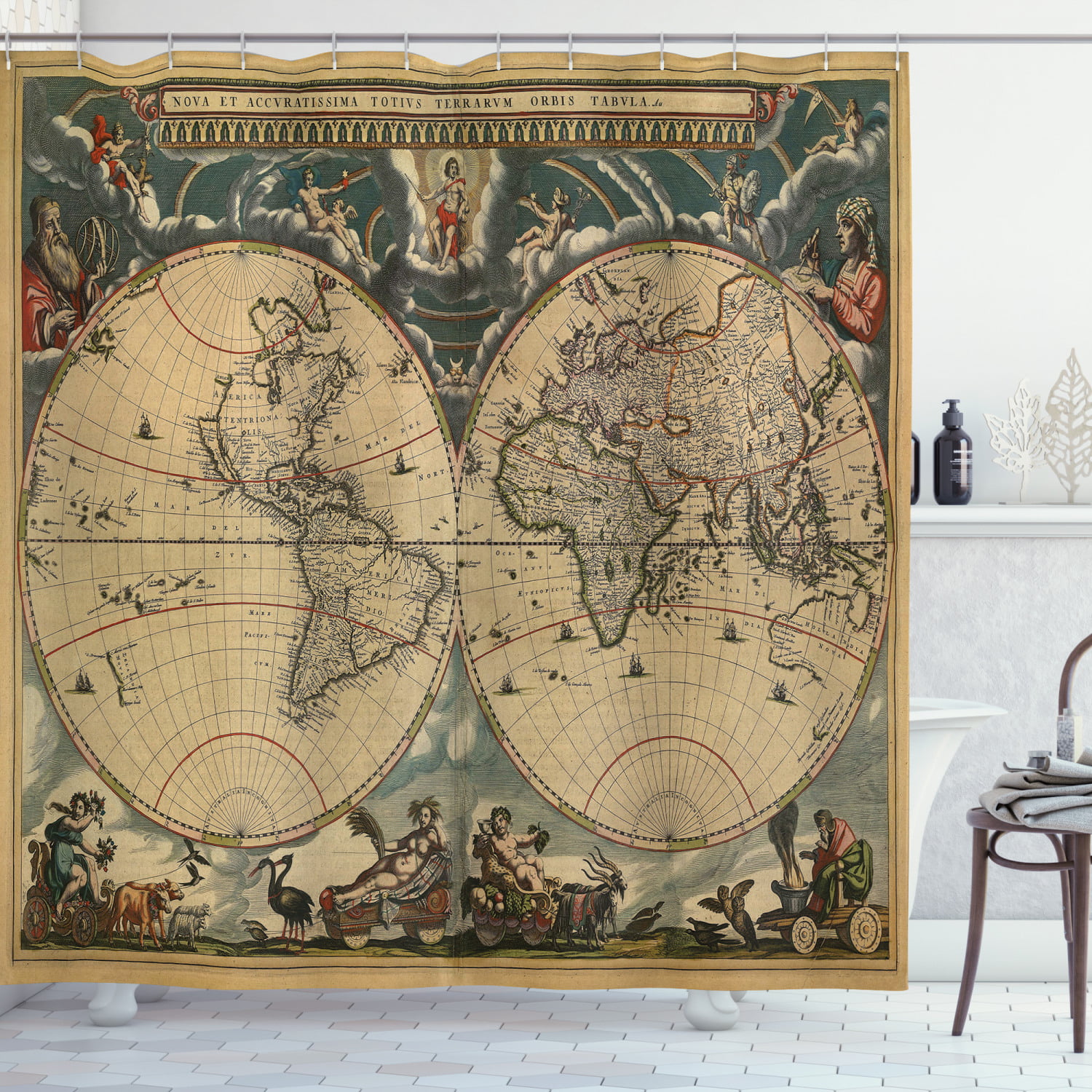 World Map Fabric SHOWER CURTAIN 70x70 Vintage Look Style Countries Globe