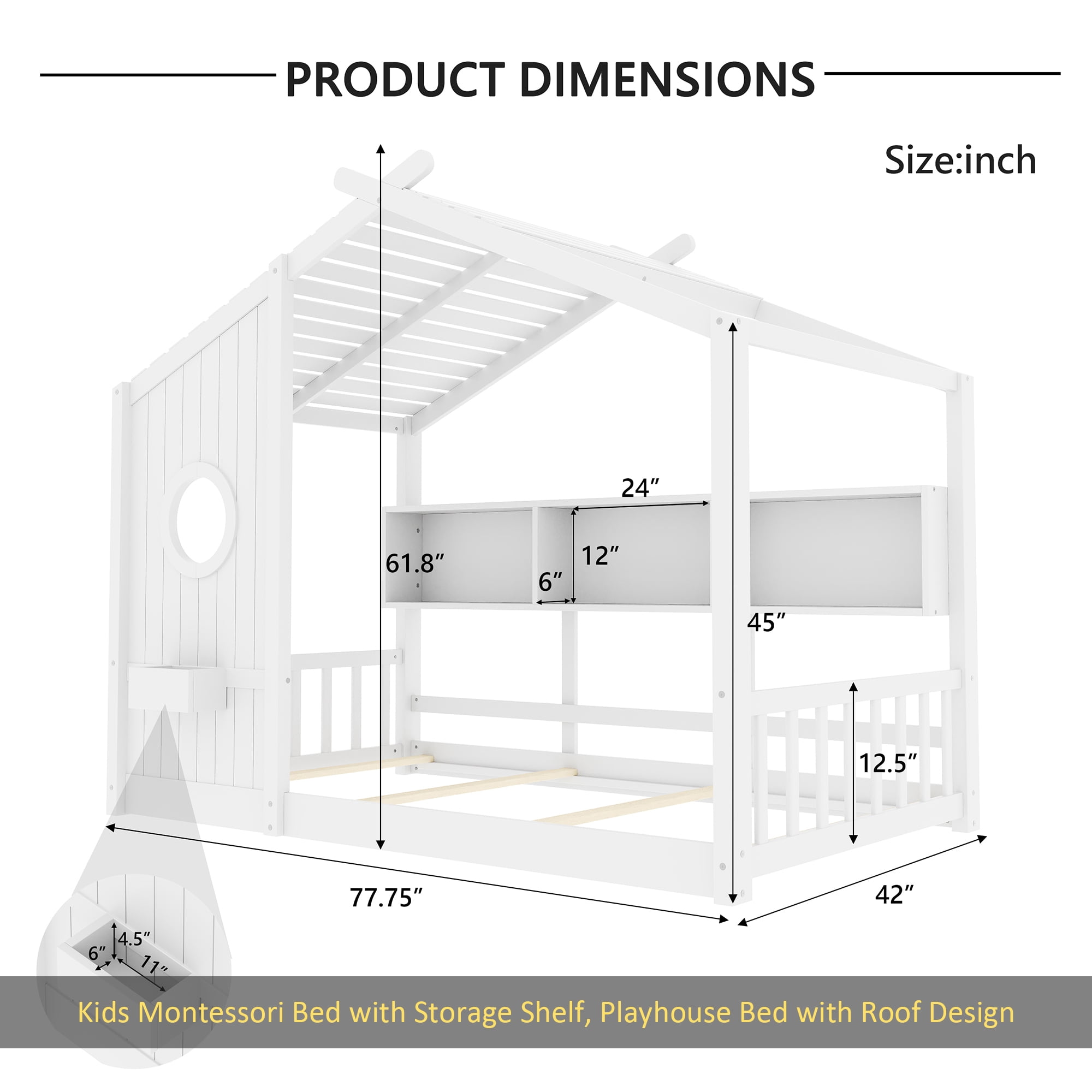 Twin Size Floor House Bed for Toddler, Kids Montessori Bed with Storage Shelf, Playhouse Bed with Roof Design, White