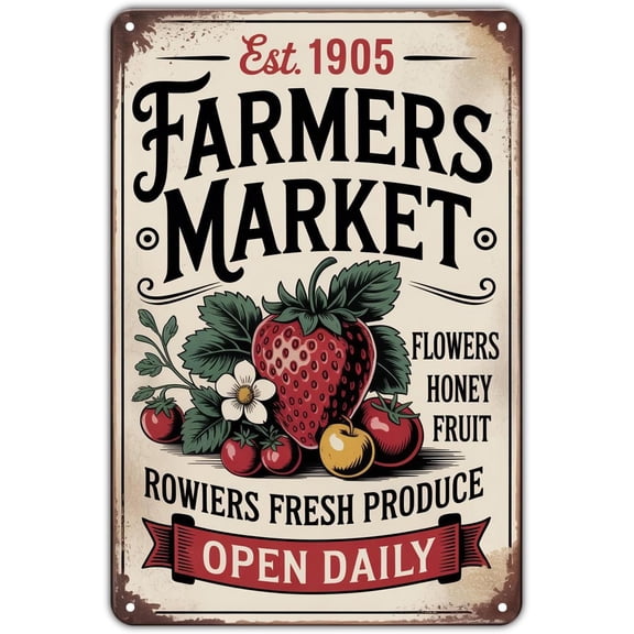 Vintage Farmers Market Printed Metal Wall Sign for Garden Porch Kitchen Decor 8 x 12 Inch