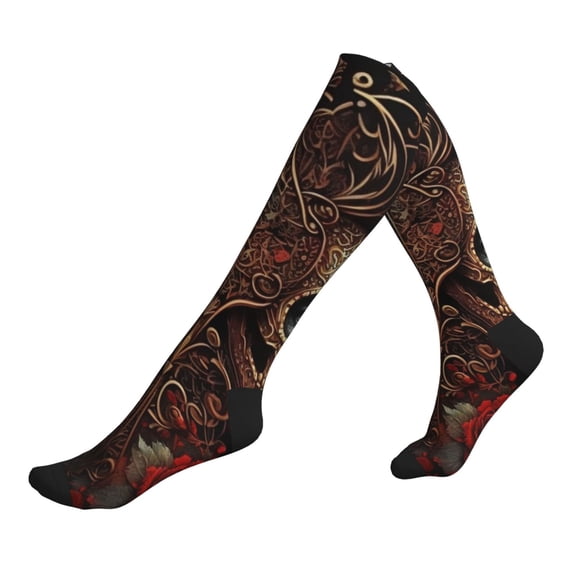 Unisex Sports Compression Socks for Nurses, Travel, Hiking & Office Work for Men Women, Skulls Lovers Day Of The Dead Red Roses