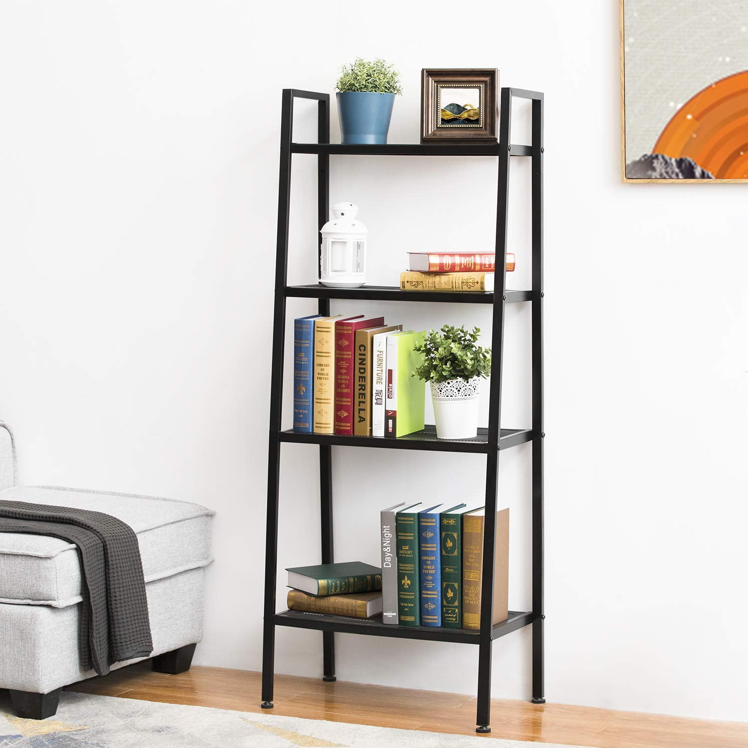 4-Tier Ladder Shelf Metal Bookshelf Storage Standing Ladder Flower ...