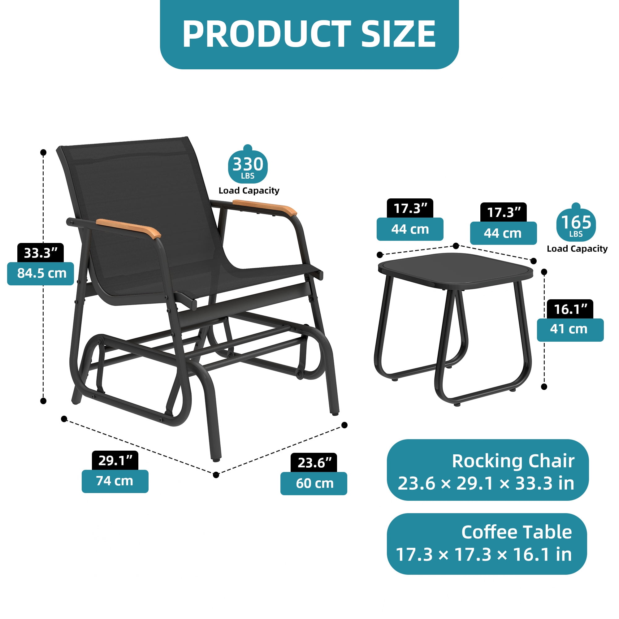 Uforic 3-Piece Patio Furniture Set, Outdoor Textilene Glider Bistro Set with 2 Glider Chairs & Tempered Glass Coffee Table, Heavy Duty Outdoor Seating Set for Backyard, Garden, Balcony, Black
