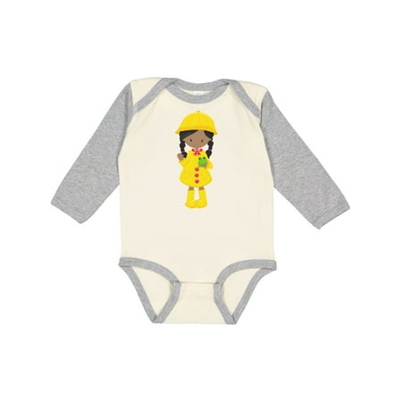 

Inktastic African American Girl Yellow Raincoat Frog Gift Baby Girl Long Sleeve Bodysuit