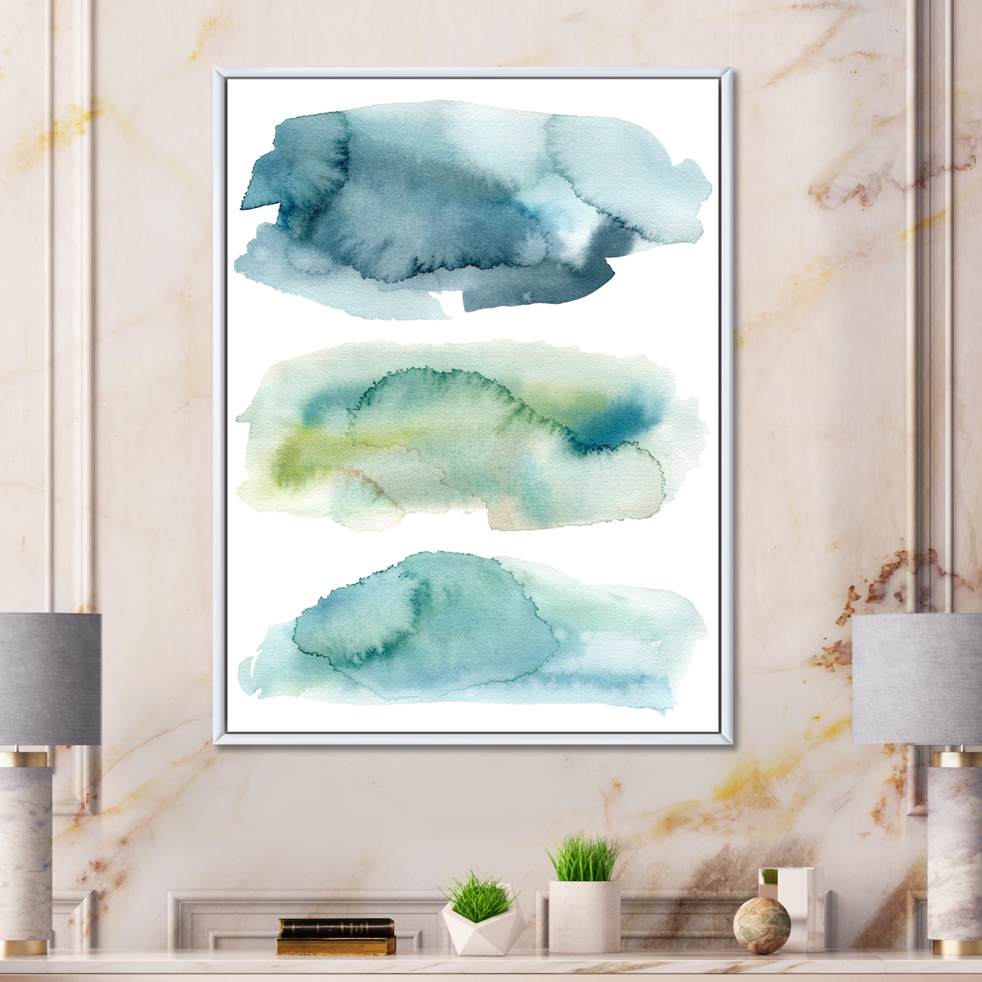 Designart 'Green and Blue Clouds' Modern Framed Canvas Wall Art Print