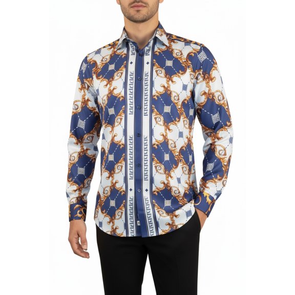 Men's Sports Shirt By Barocco Fashion Printed Long Sleeves Soft Feel ERS401 Blue