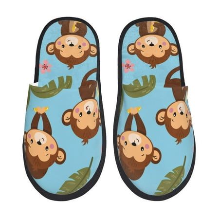 Balery Monkeys Swinging from Palms Slient Indoor Furry Fleece Comfort House Shoes Soft Non-Slip Home Shoes Cotton slippers House Slippers-- Large