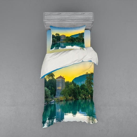 Asian Duvet Cover Set, Venetian Tower Archaeological Site National Park at Sunrise Lake Sanctuary Landscape, Bedding Set with Shams and Fitted Sheet, 3 Sizes, by Ambesonne