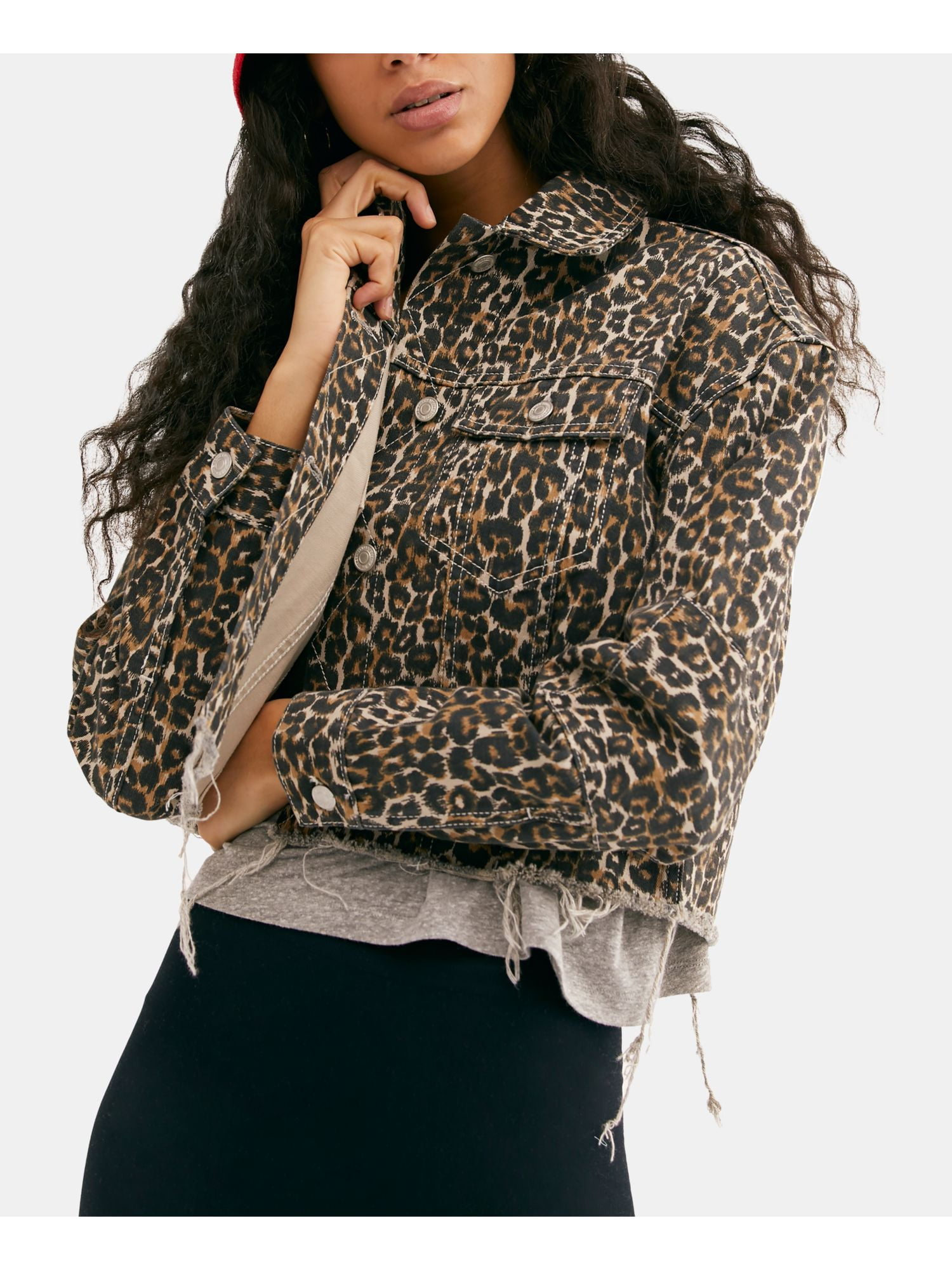 Brown Animal Print Denim Casual Jacket 