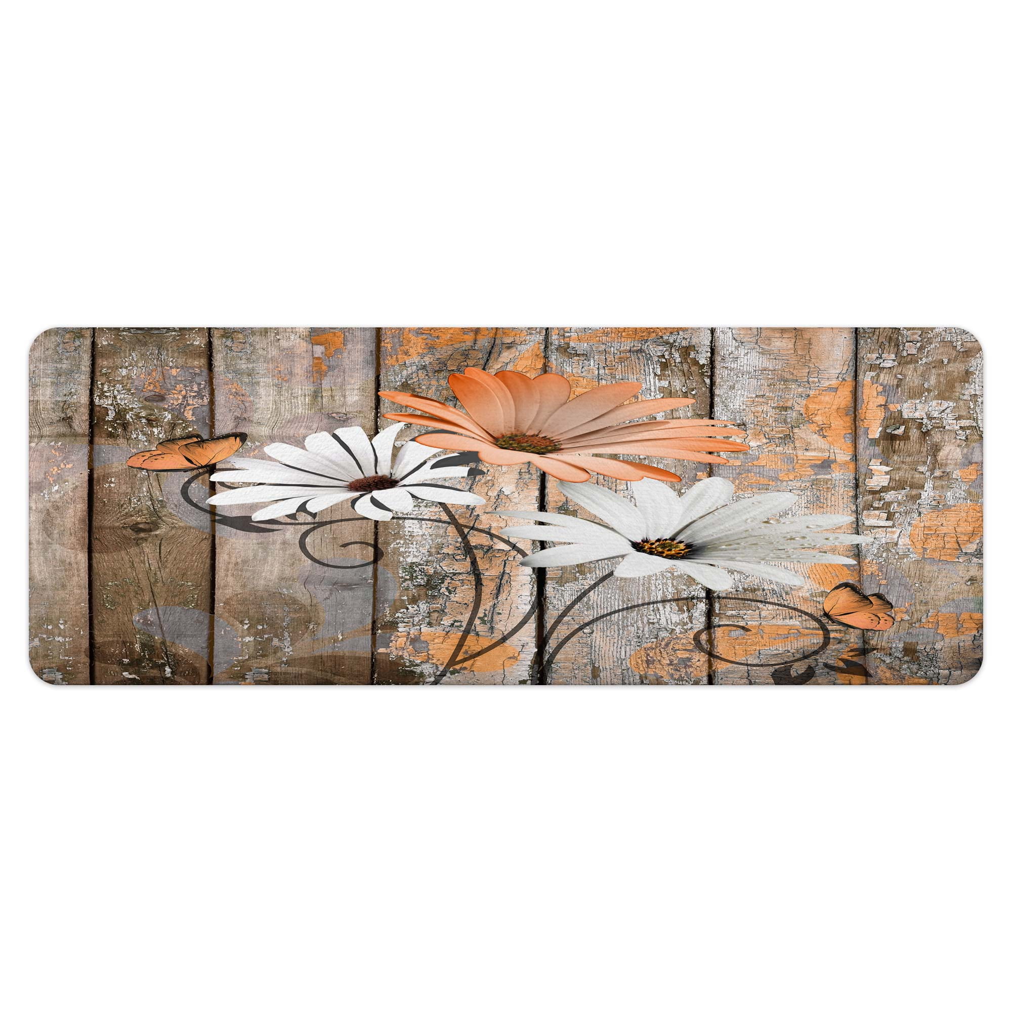 Farmhouse Floral Flower Bath Mat, Orange Daisy Rustic Wooden Plank Country Barn Wood Non-Slip Flannel Soft Doormat Floor Entryways Outdoor Indoor Front Door Mat, 17X48
