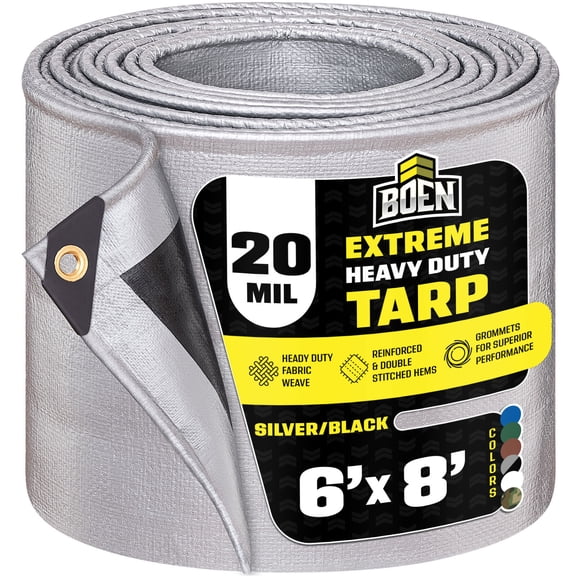 BOEN 6 x 8 ft 20 Mil Waterproof Tarp, Extreme Heavy Duty Silver/Black Cover