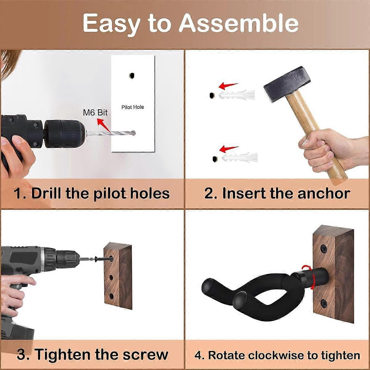 4PCS Guitar Wall Mount, Guitar Hook, Walnut U-Shaped Guitar Hanger Wall Mount Stand for Acoustic, E