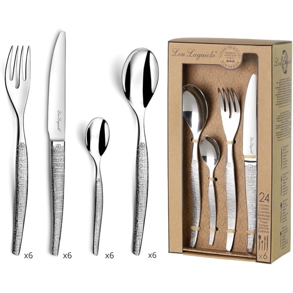 Lou Laguiole Jet Textil 24 Piece Stainless Steel Flatware Set Textured Silver