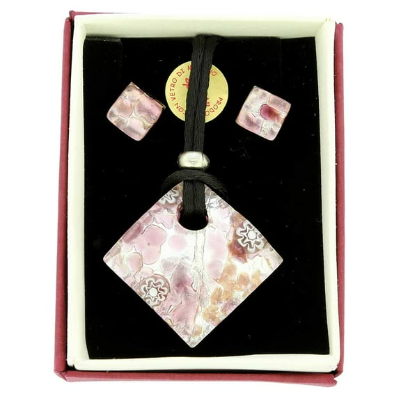 GlassOfVenice Murano Glass Venetian Reflections Necklace and Earrings Set - Purple Silver