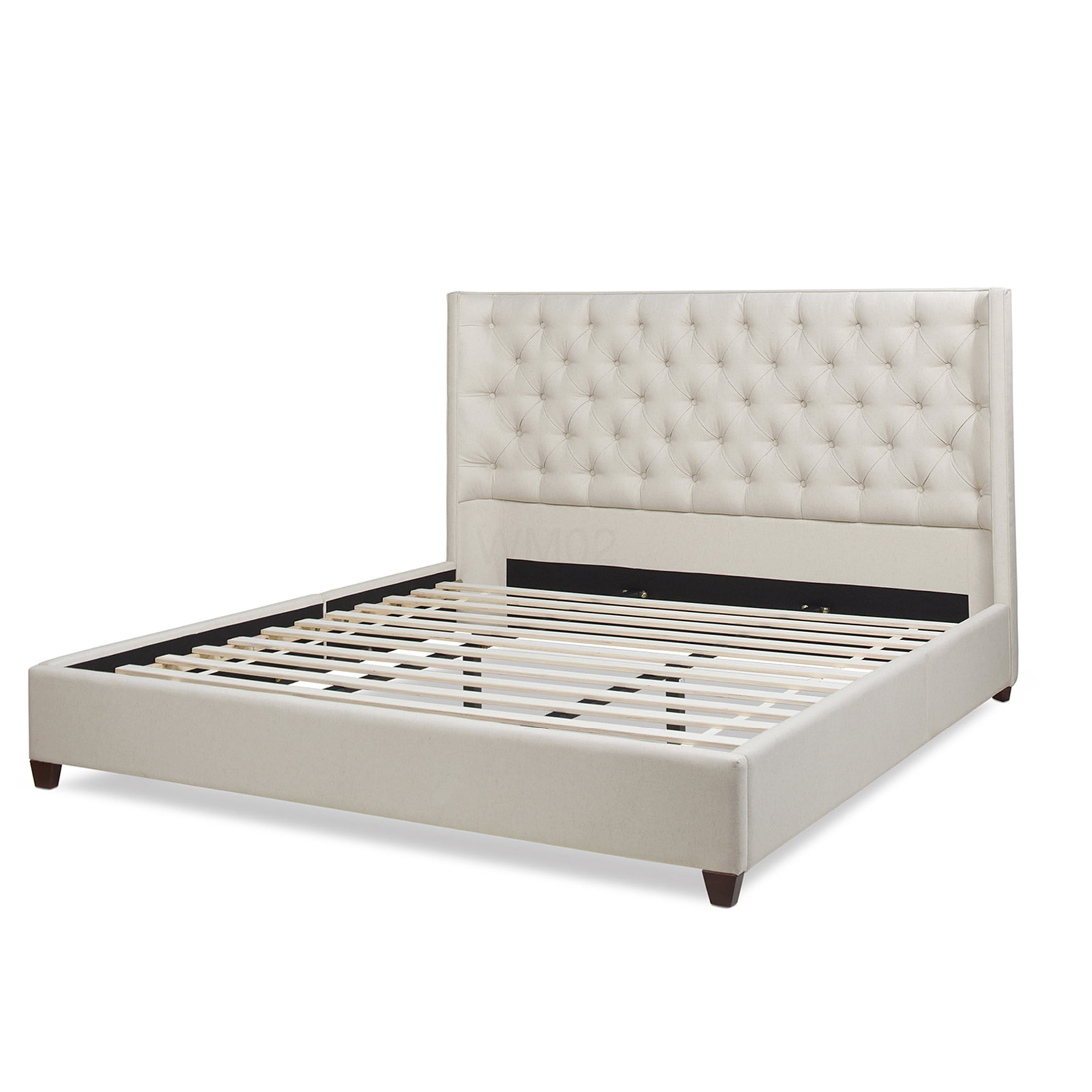 Manhattan King Size Upholstered Bed Frame with Wingback Headboard, Light Beige Fabric, No Box Spring Required Platform Bed